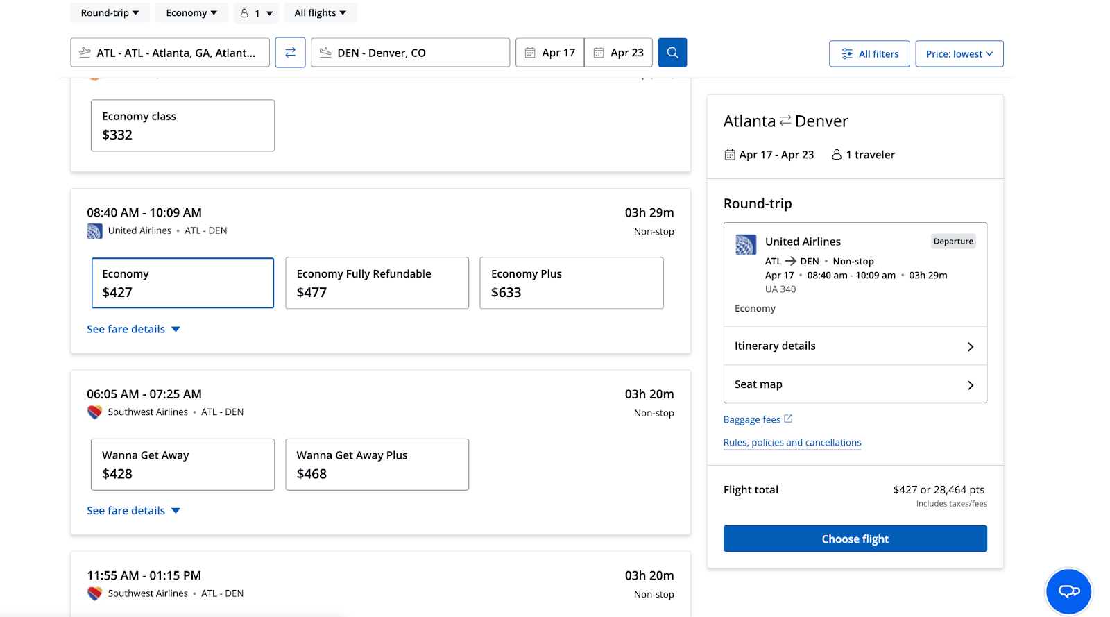 screenshot of flight options in chase travel