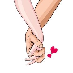 This contains an image of two hands holding each other with hearts on the floor behind them and one hand touching another