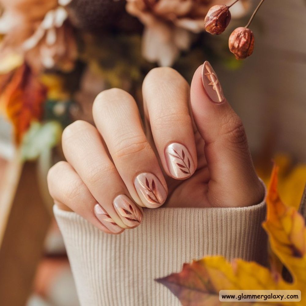 Thanksgiving Nail Designs having Copper Leaf Elegant Nail Design
