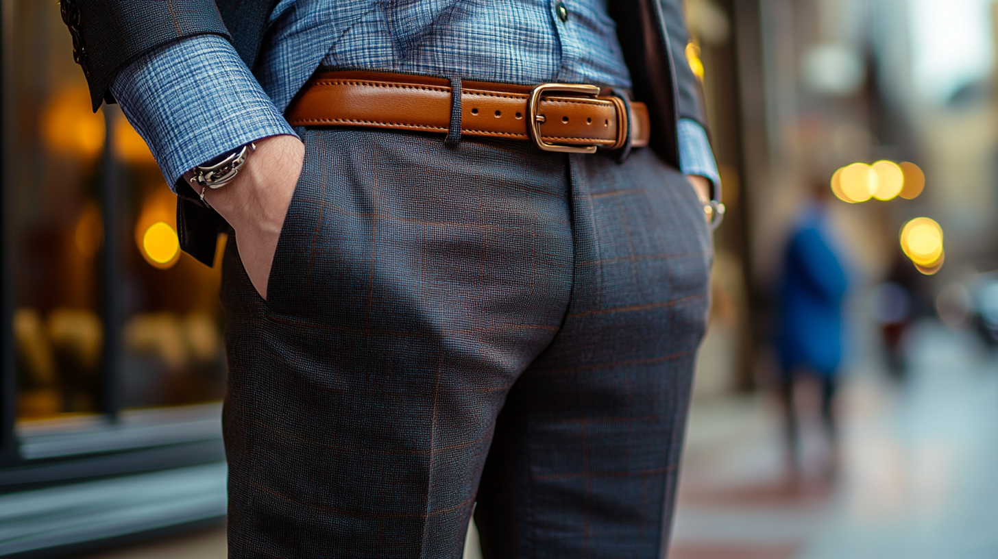 Brown belt paired with brown shoes, creating a cohesive and balanced look. The matching tones help tie the outfit together, ensuring a polished, coordinated appearance. Ideal for both formal and semi-formal occasions, this simple accessory elevates the overall style of a black suit.