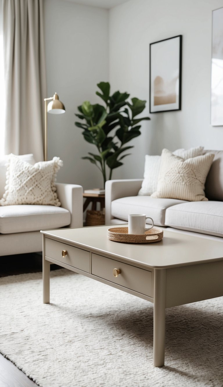 A beige Scandinavian coffee table in a cozy living room with neutral tones and minimalist decor