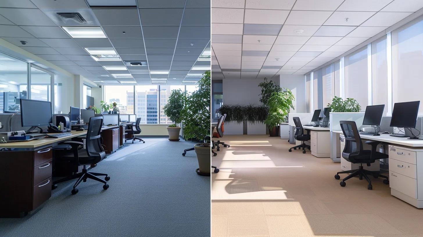 a sleek, modern office space showcases a visually impactful comparison between a sparkling clean area after deep cleaning and a neatly organized, regularly maintained workspace, emphasizing the contrast in pricing and effort required for each cleaning service.