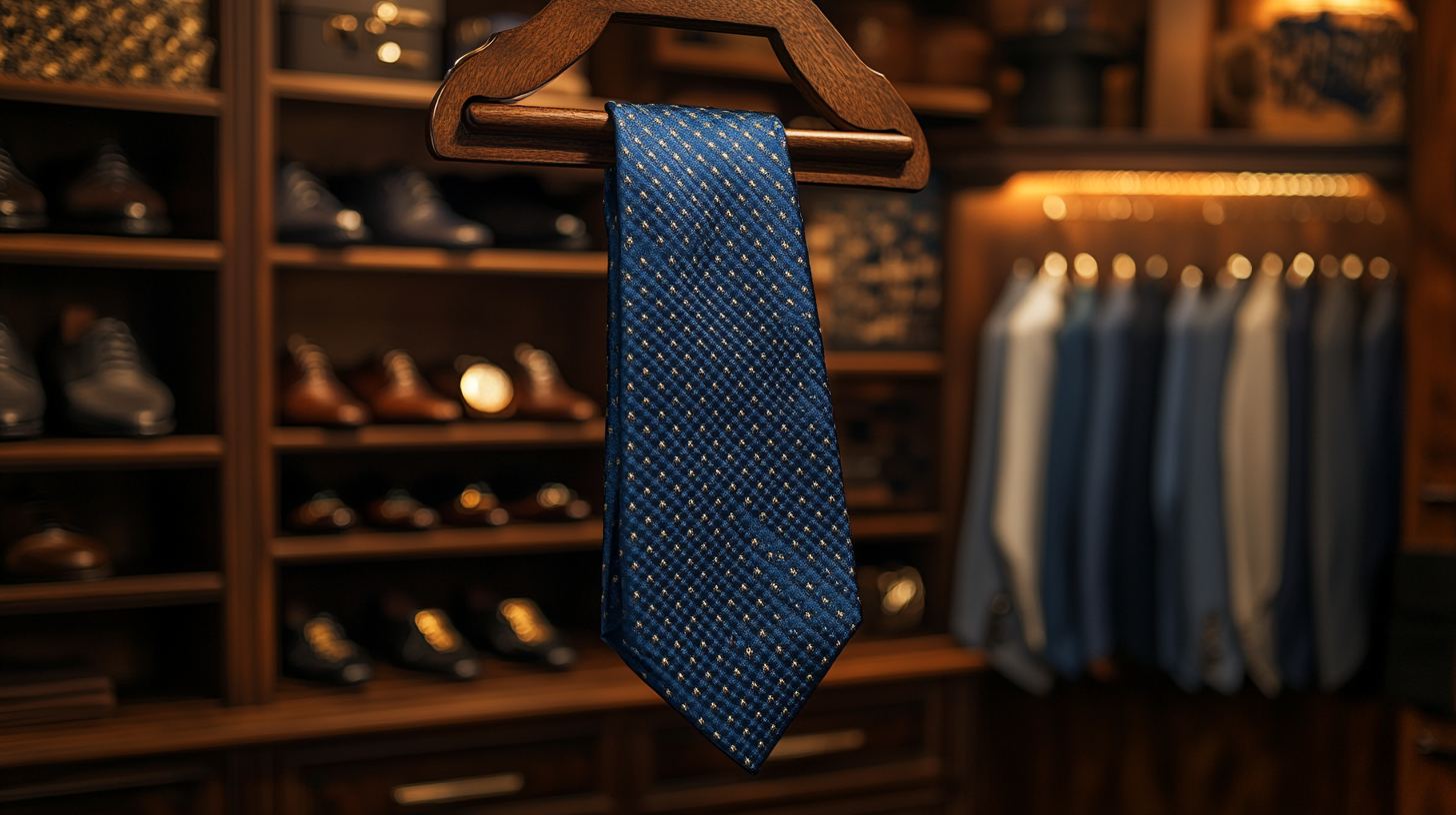 A classic navy blue silk tie with a deep, rich color, hanging neatly on a wooden hanger inside a modern and stylish men’s closet. The background showcases a luxurious collection of accessories, including polished dress shoes, silk pocket squares, and premium watches. The scene is illuminated with soft, elegant lighting, enhancing the sophistication of the wardrobe. Ultra-detailed, hyper-realistic, cinematic lighting, high-end fashion photography, luxury men's wardrobe aesthetic.