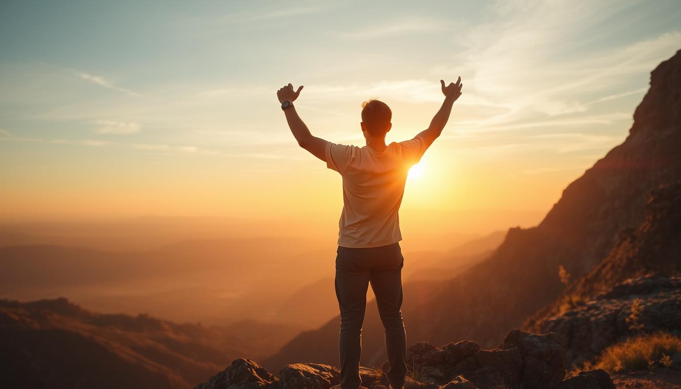 An image of a person standing on a mountainside, looking out at a vast landscape with the sun rising behind them. The person's body language should convey a sense of empowerment and strength, with their arms raised and their chin held high. The colors in the image should be warm and bright, with shades of orange and gold reflecting the dawn of a new day. The mountainside should be rugged and rough, symbolizing the challenges that the person has overcome. In the distance, there should be small trees and foliage growing, representing the growth and progress that the person has achieved by shifting their mindset and overcoming limiting beliefs.