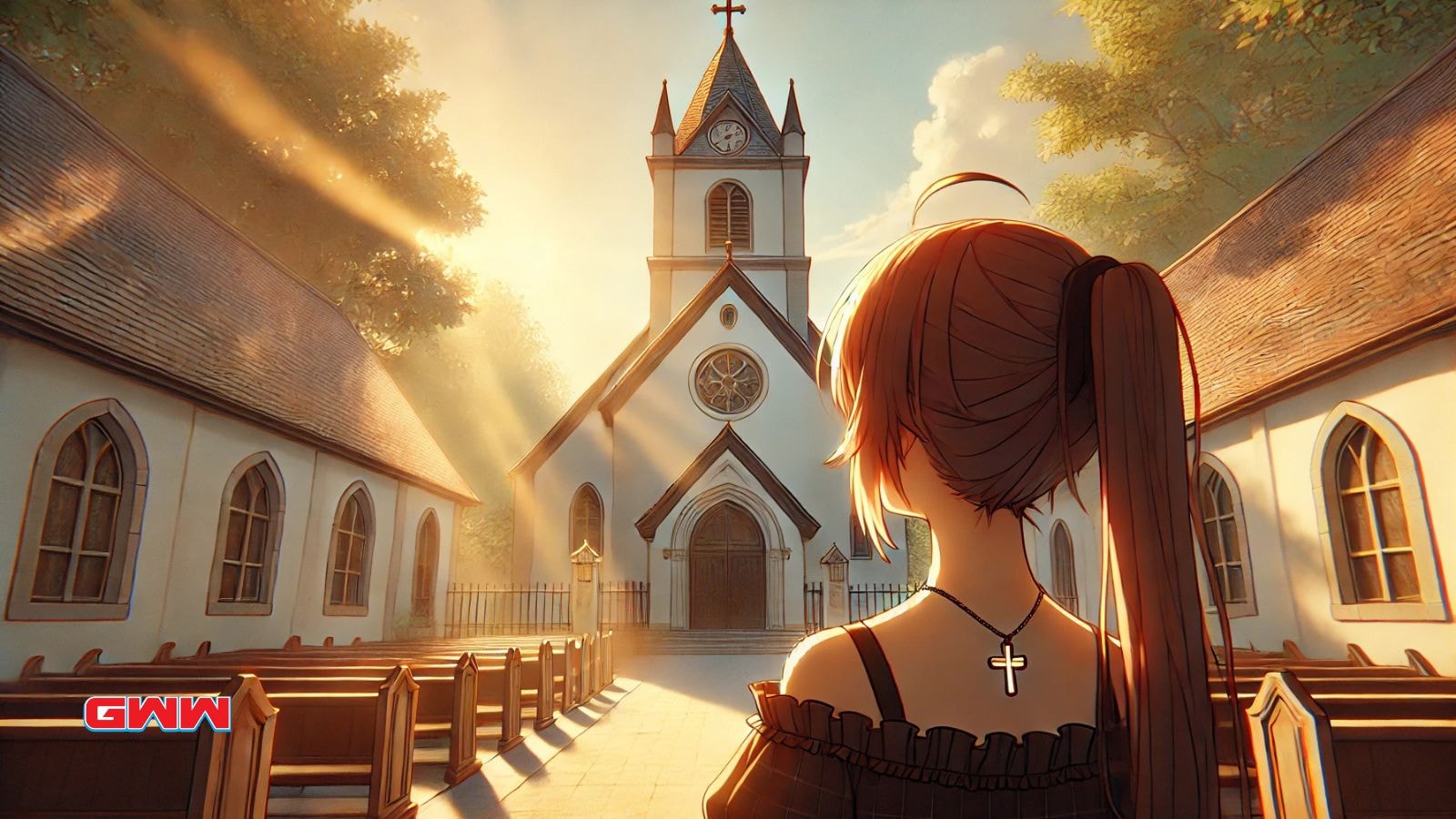 Female anime character gazing at a church, warm sunlight filtering in.