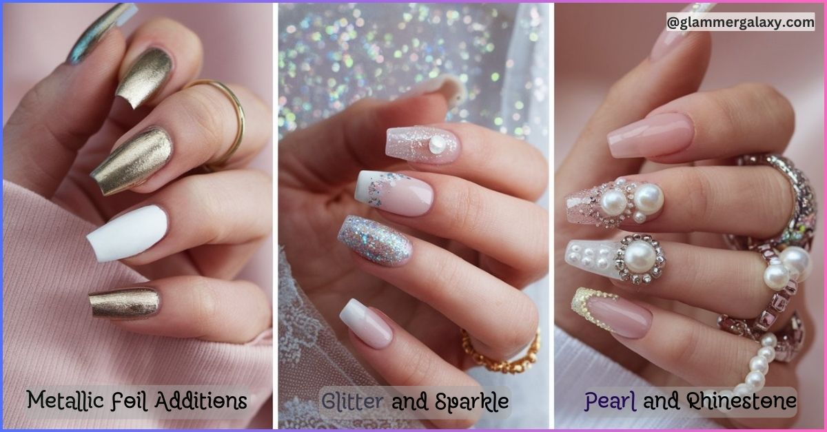 Three images of manicured hands with metallic foil, glitter, and pearl nail art designs.