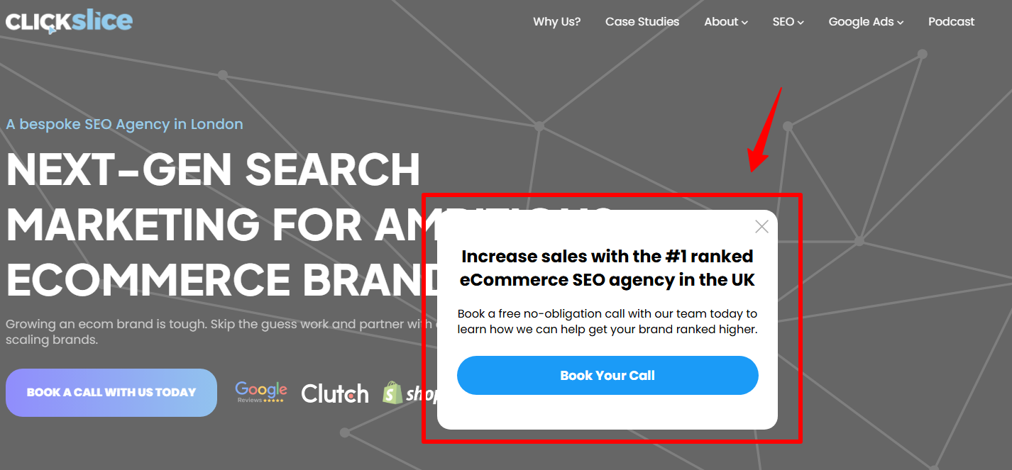 A website homepage for ClickSlice with a pop-up window offering a call to increase sales with the UK's top-ranked eCommerce SEO agency.
