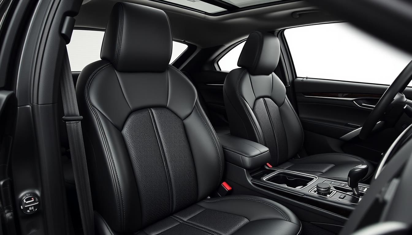 Custom car seat covers protecting leather seats in a luxury vehicle