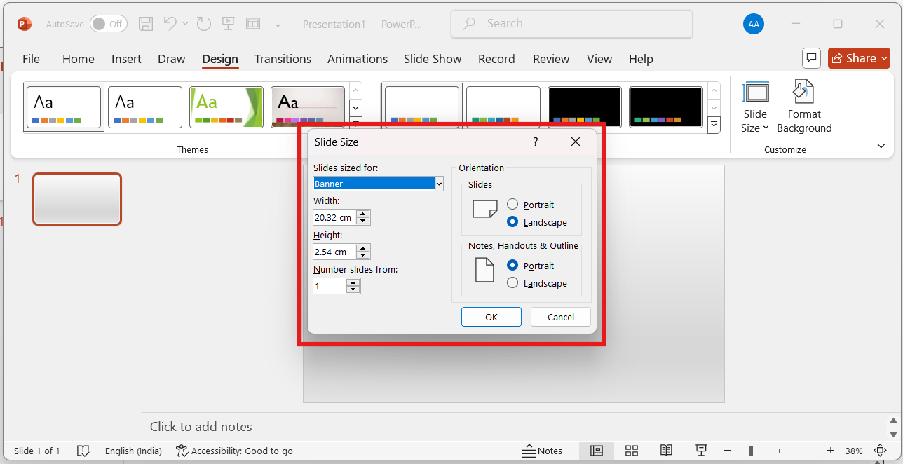 Slide Size Dialog Box in PowerPoint, in which the size is set as Banner.