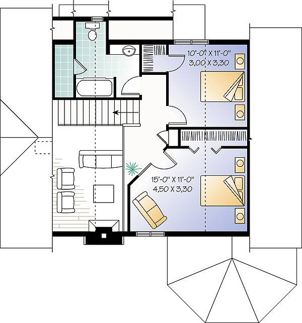 Second level floor plan with two bedrooms sharing a full bath.