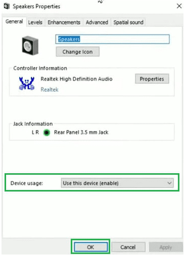 From the properties selection choose the Use This Device (Enable) option