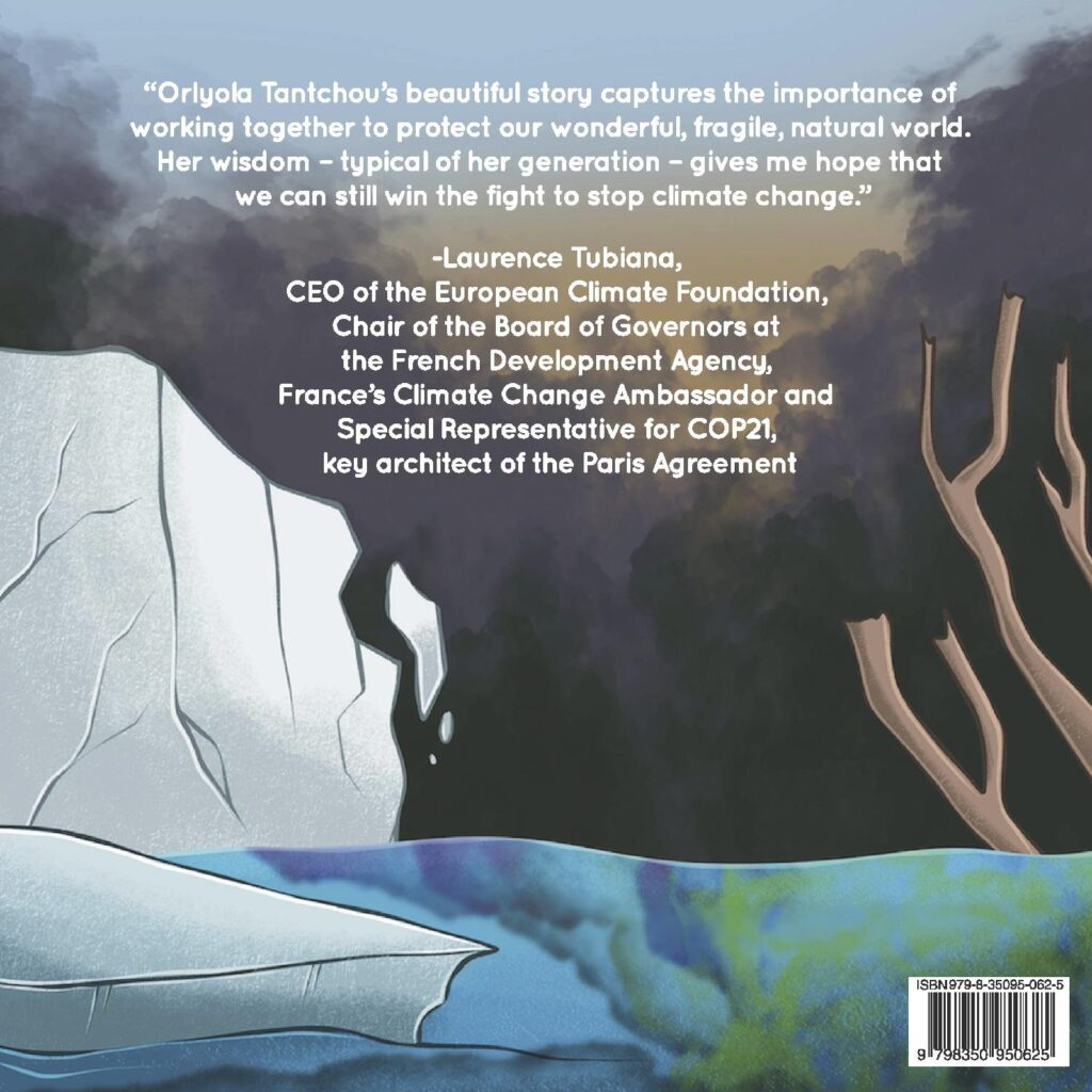 The back cover of "The Wildlife Warriors: Saving Their Habitats," a children's book written and illustrated by Orlyola Tantchou.