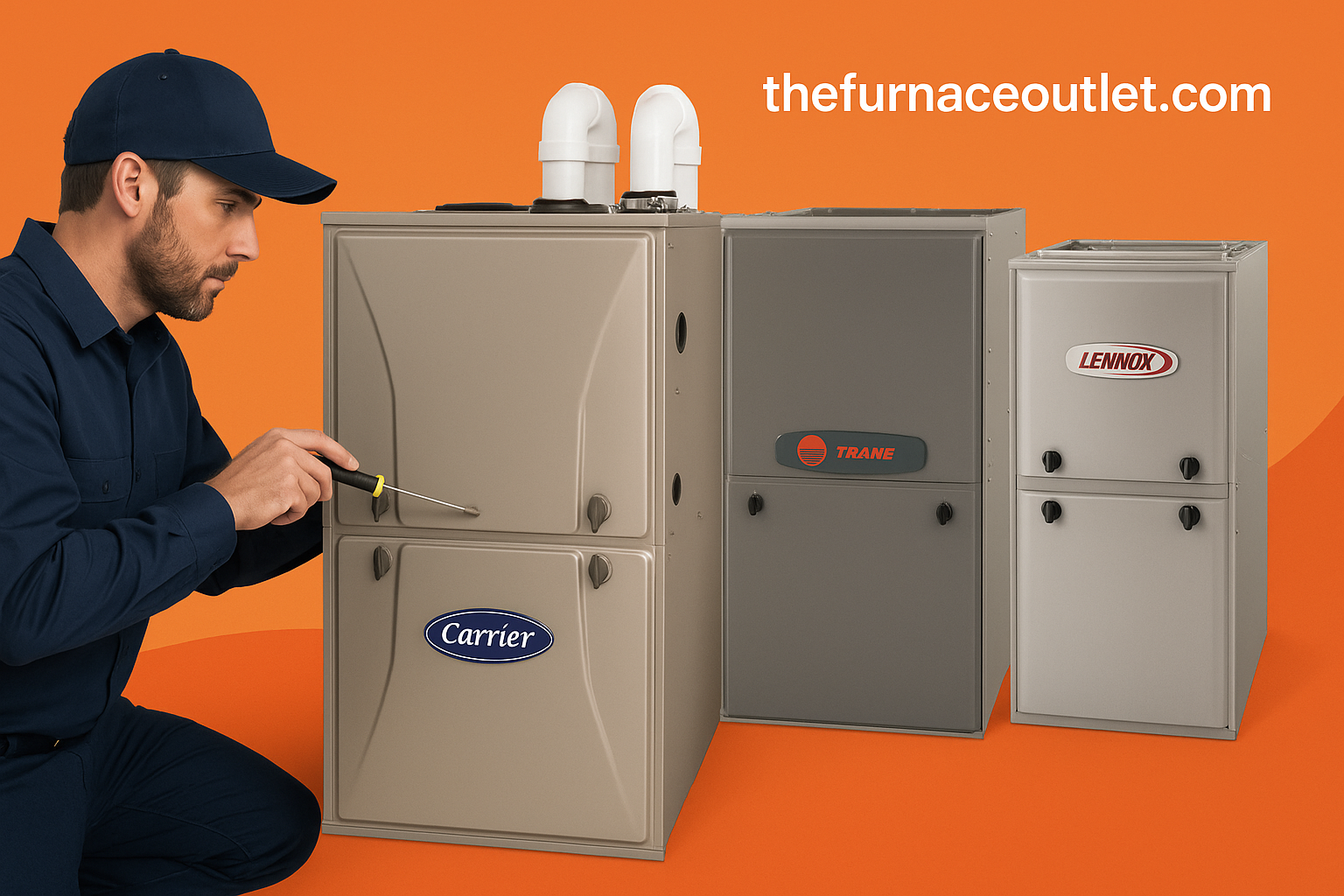 A promotional digital graphic for TheFurnaceOutlet.com shows a technician servicing a Carrier furnace, with Trane and Lennox units beside it on an orange background, highlighting the long-term savings of high-efficiency systems