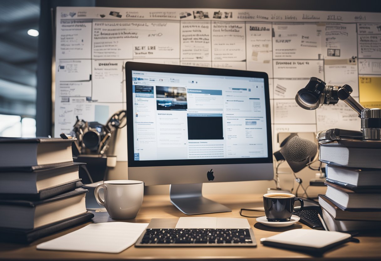 A cluttered desk with a laptop, coffee mug, and notepad surrounded by industry-related books and articles. A whiteboard with a detailed link-building framework is visible in the background