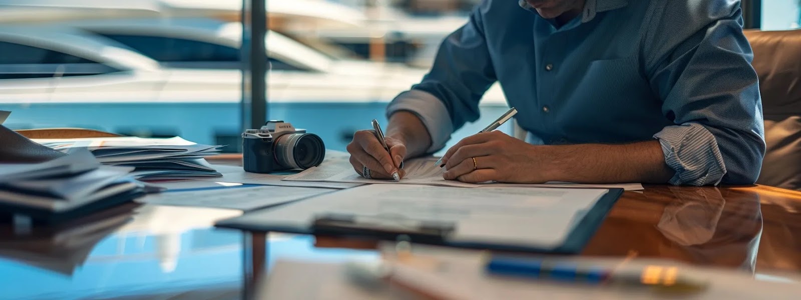 a person signing legal paperwork for a boat sale, with a stack of documents neatly organized on a desk.