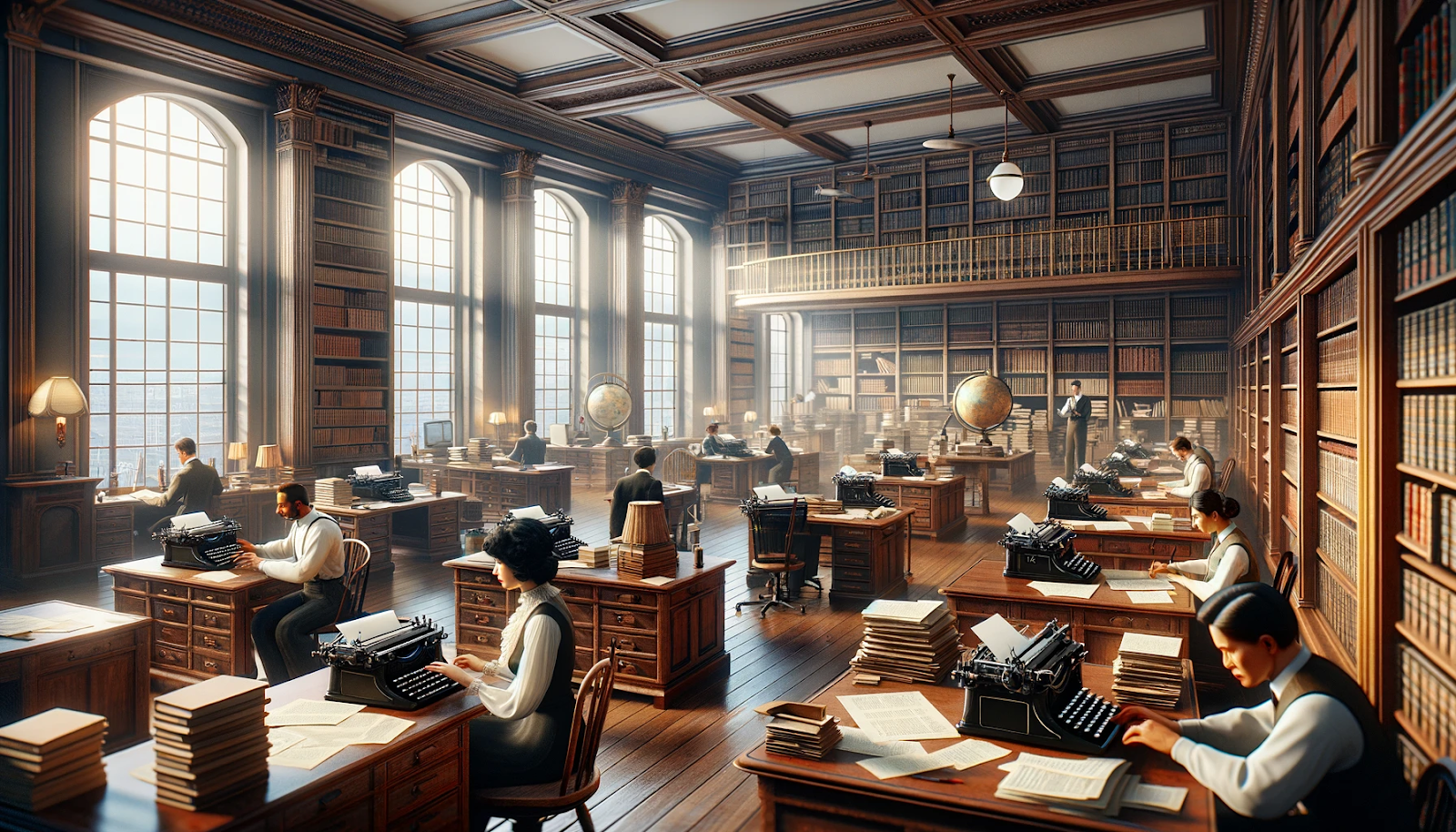 A grand, vintage-style library filled with writers working on typewriters at wooden desks, surrounded by towering bookshelves and large windows letting in natural light.