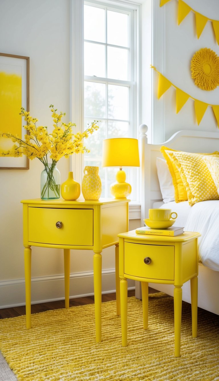 Two canary yellow bedside tables in a bright, sunlit bedroom, surrounded by cheerful yellow decor and accents