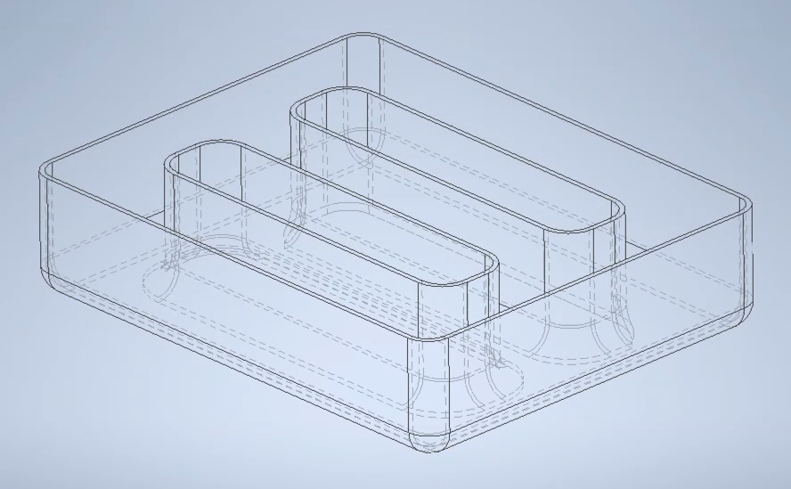 3D sketch of a square tray with two oval openings with raised sides. Visible edges are solid lines, hidden edges are dotted lines.