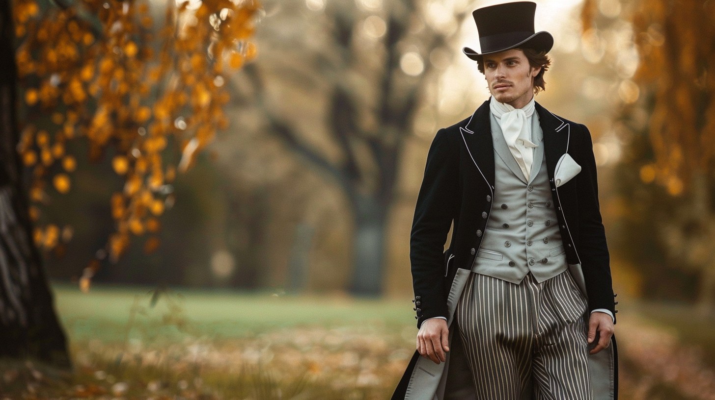Man in a morning coat with tail; formal daytime setting like a royal wedding or high-society event; light grey or black coat with striped trousers and vest; traditional top hat optional