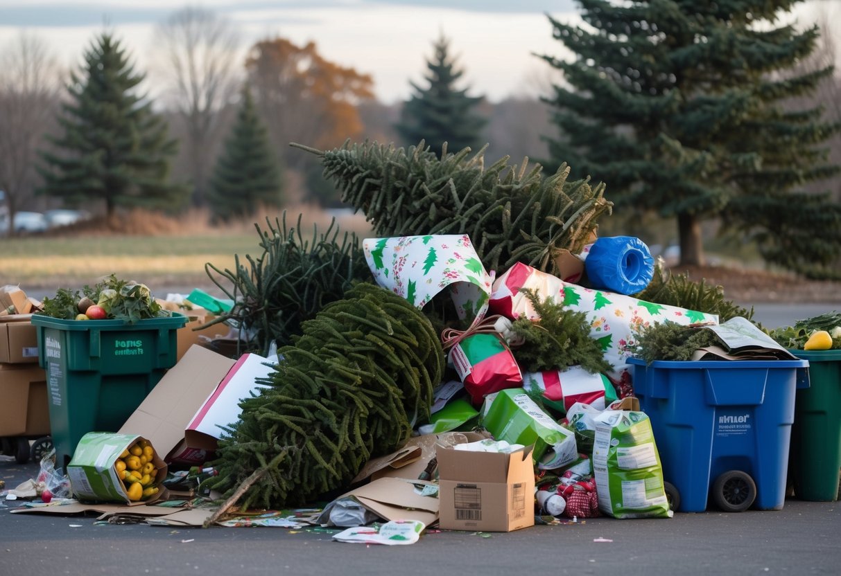 A pile of discarded Christmas trees and wrapping paper surrounded by bins of food scraps and yard waste