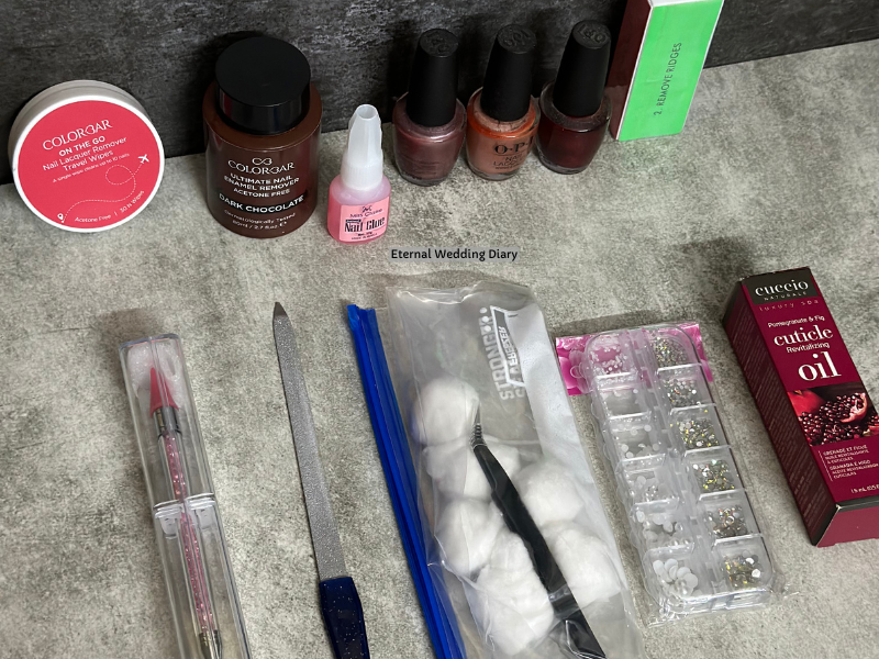 nail care essentials laid out to pack for destination wedding