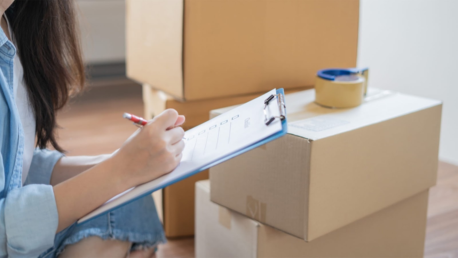 A person is reviewing an easy moving checklist on a clipboard, sitting next to stacked cardboard boxes and a roll of tape, ensuring everything is prepared for the move.