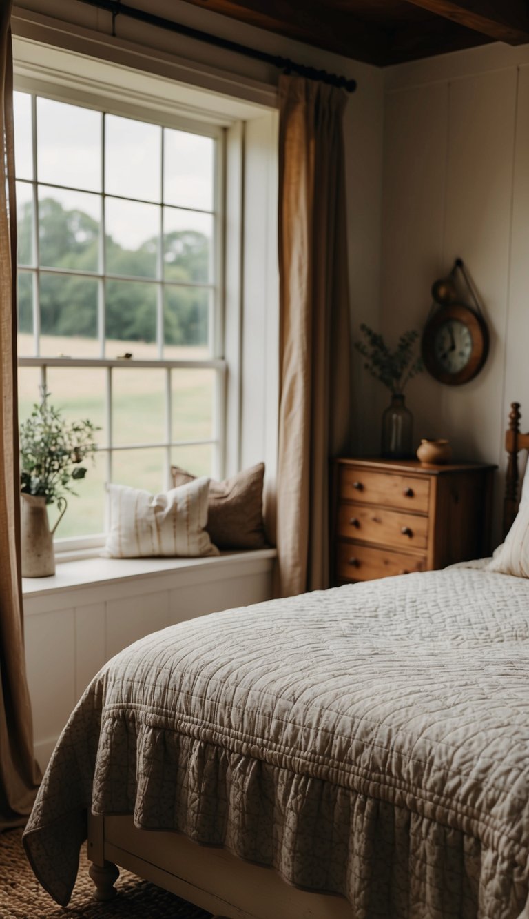 A cozy farmhouse bedroom with a rustic quilted bedspread, vintage wooden furniture, and soft natural lighting streaming through the window