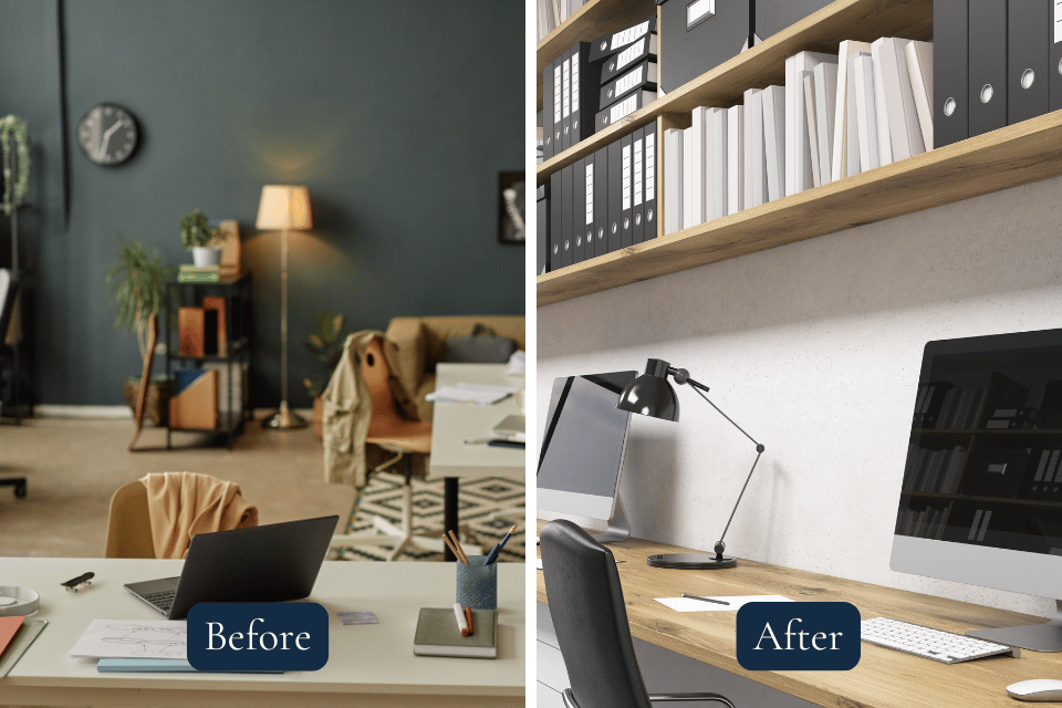 interior design mistakes to avoid for your home remodel messy office space and organized area with storage shelves custom built michigan