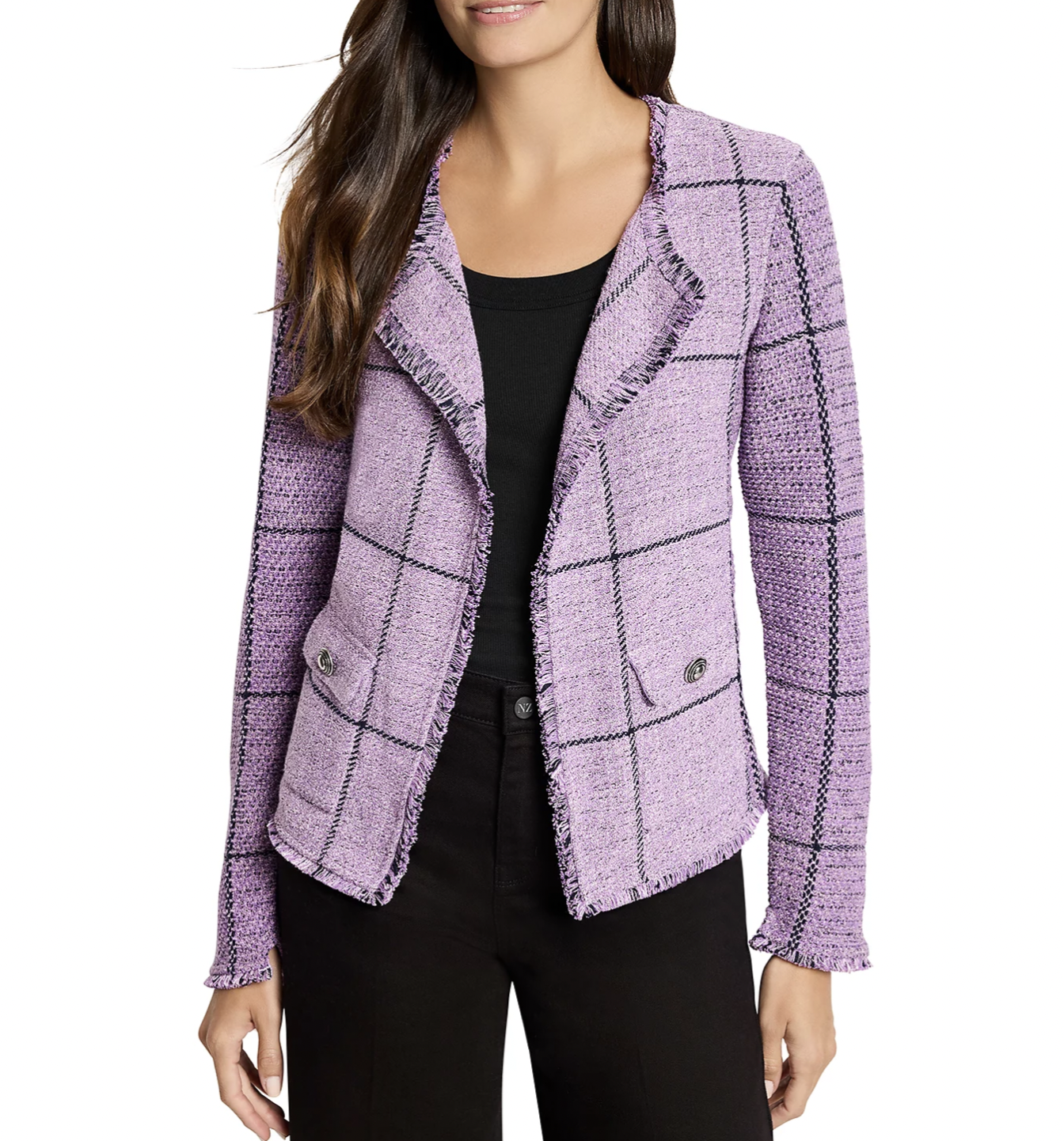 NIC+ZOE Femme Plaid Fringe Blazer