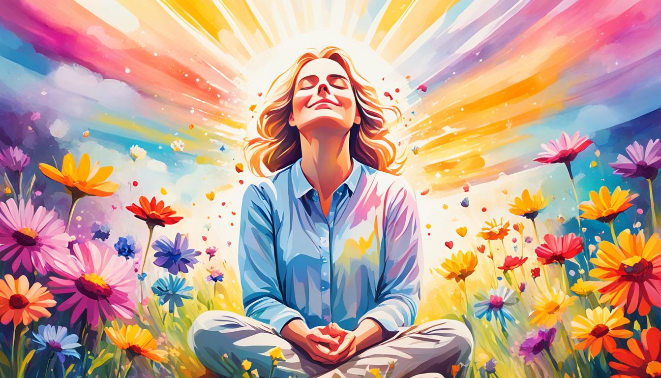 A person sitting in a field, surrounded by colorful flowers, closing their eyes and visualizing a bright light radiating from their heart. The light represents the blessings they are asking God to manifest in their life. As they hold onto this visualization, they feel a sense of gratitude and peacefulness washing over them.