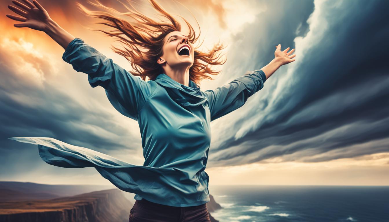 A person standing on a cliff, arms outstretched and head tilted back with eyes closed. The wind is blowing strongly against them, their hair and clothes are being whipped around wildly. In the background, storm clouds are parting to reveal a beautiful sunset.