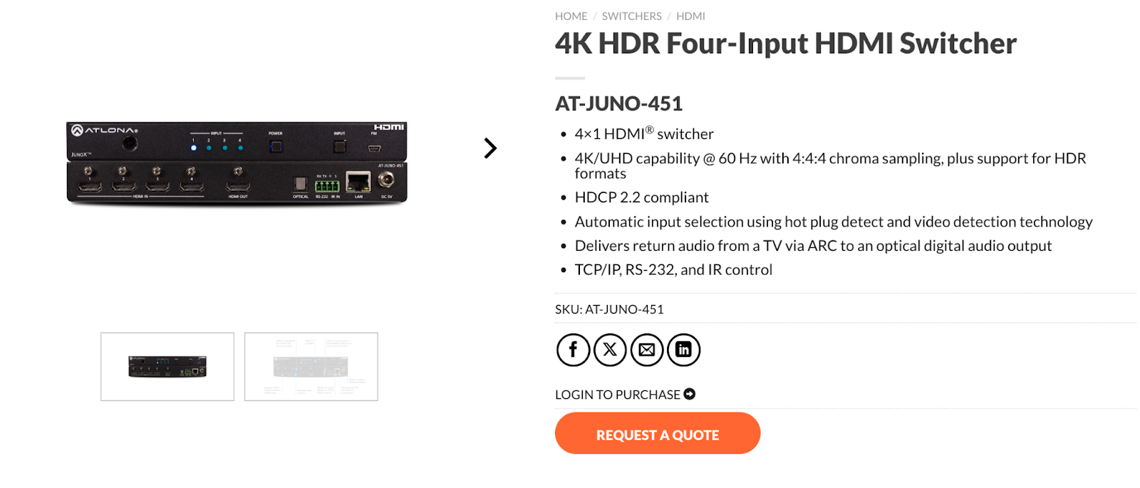 Screenshot of Atlona Juno 451 - Best mid-range HDMI switch for meeting rooms. 