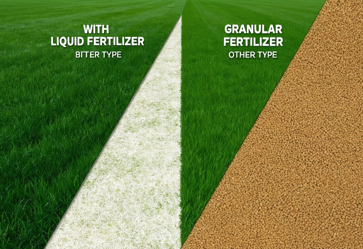 A lush green lawn split in half, one side treated with liquid fertilizer and the other with granular fertilizer, showcasing the effectiveness of each type