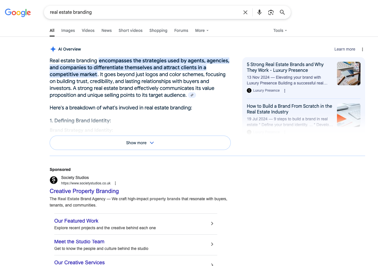 SERP showing the AI overview result for the search term "real estate branding".