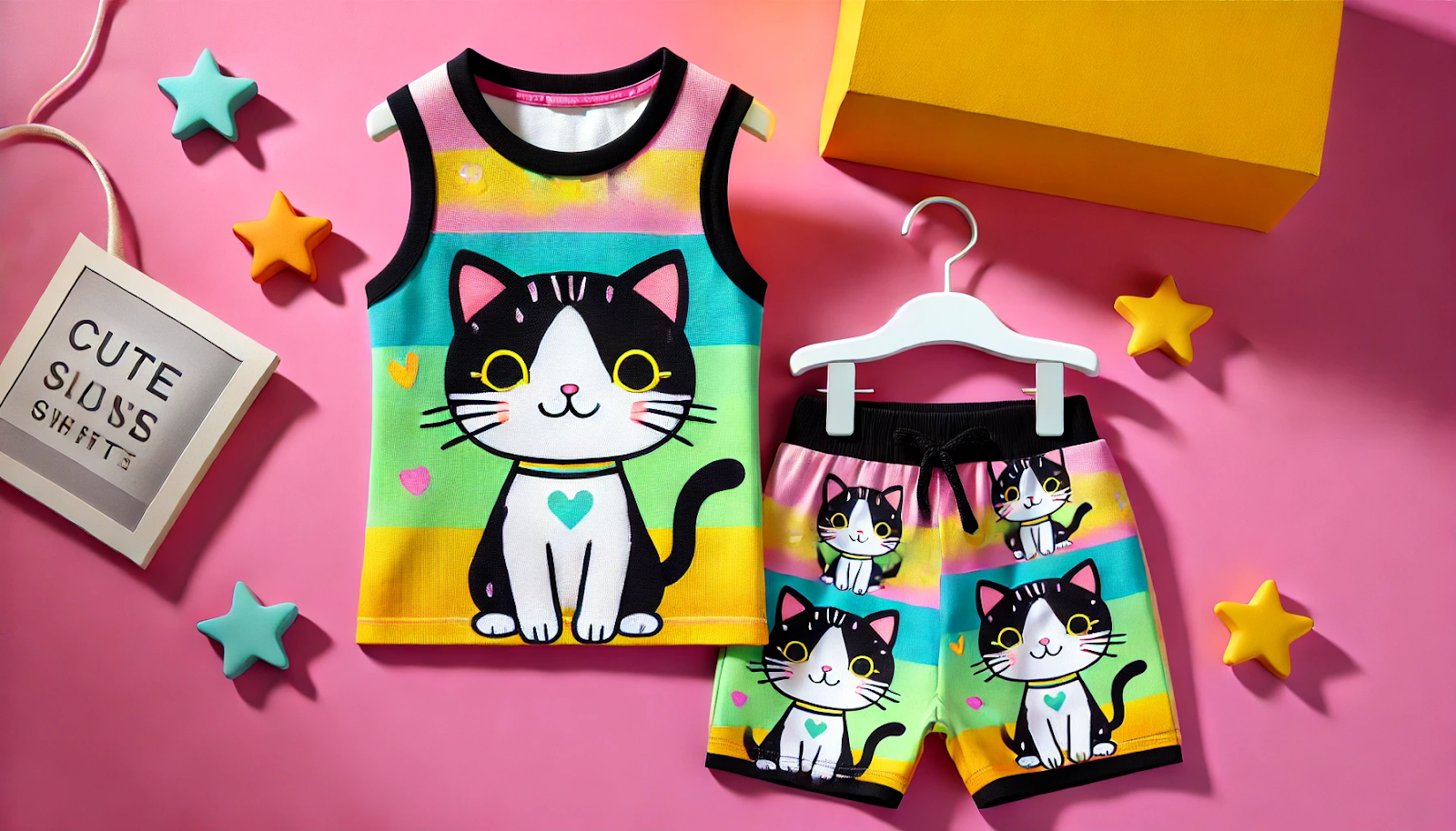 2pcs girls super comfortable cat print sleeveless tee