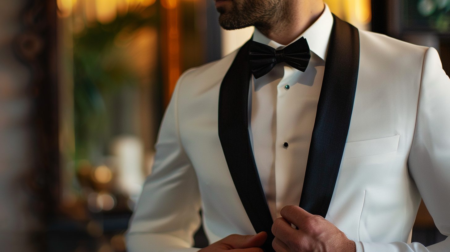 Man in a minimalist white tuxedo shirt with no pleats, paired with a slim black tie or modern bow tie, under a contemporary tuxedo, upscale evening setting.