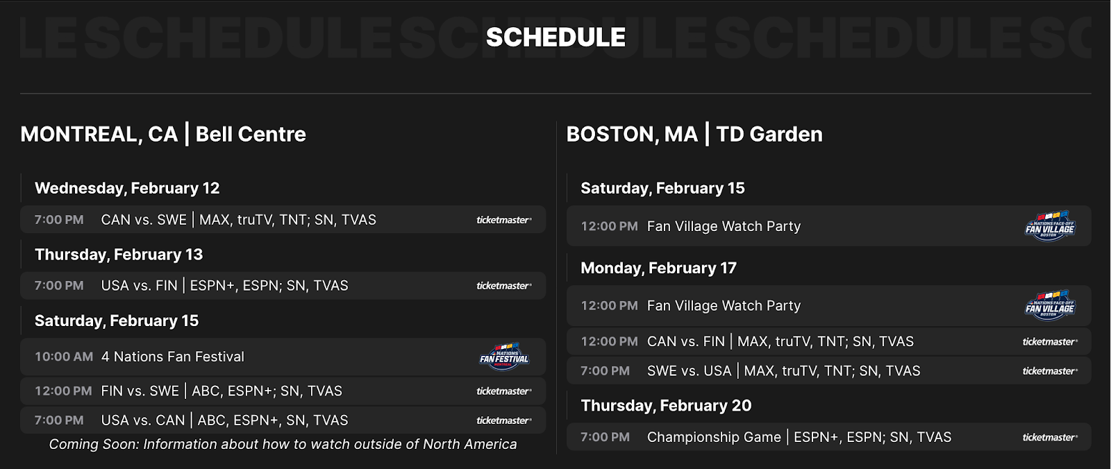 The schedule for the 4 Nations Face-off.