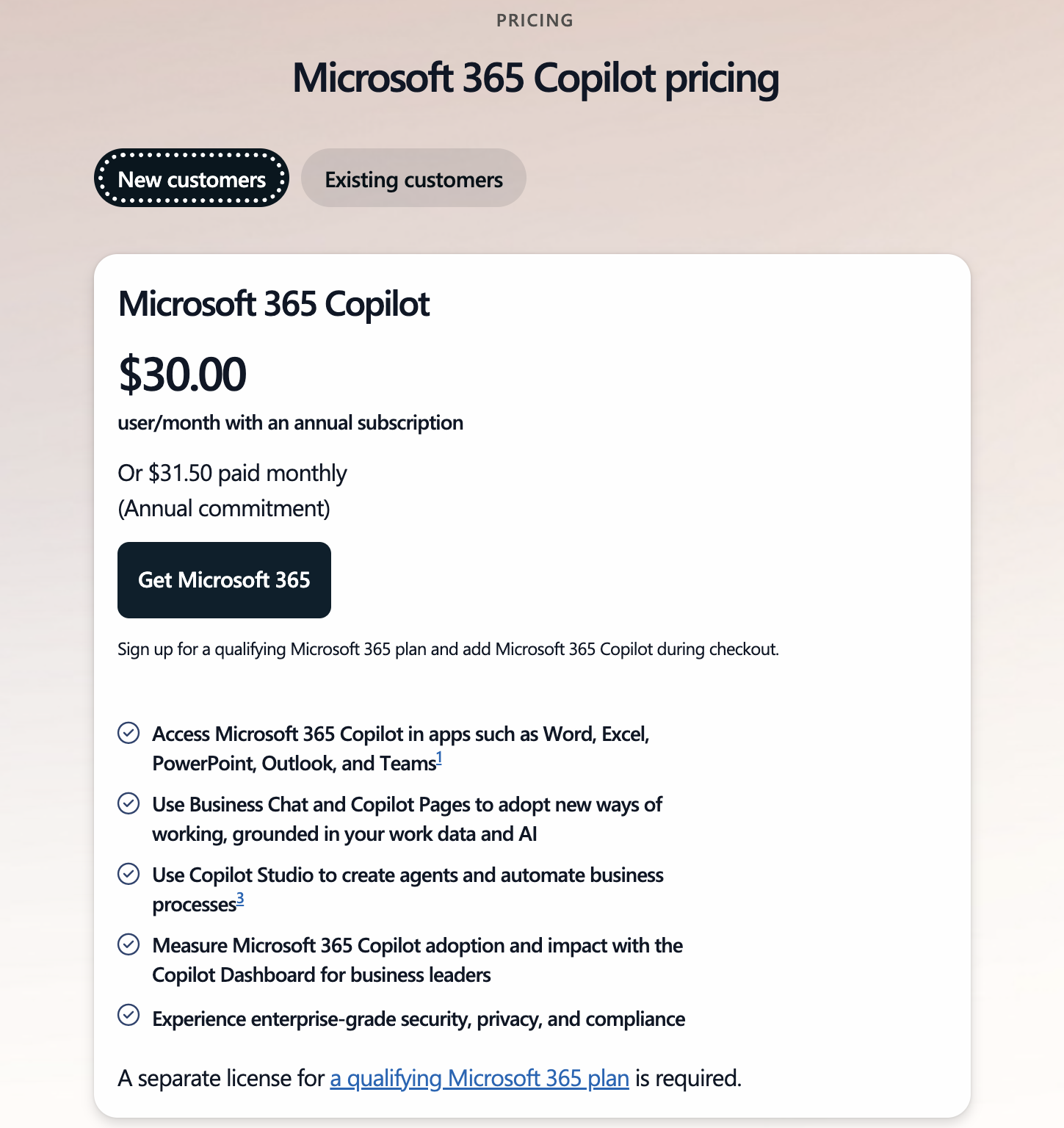 Microsoft Copilot's pricing page showing subscription options