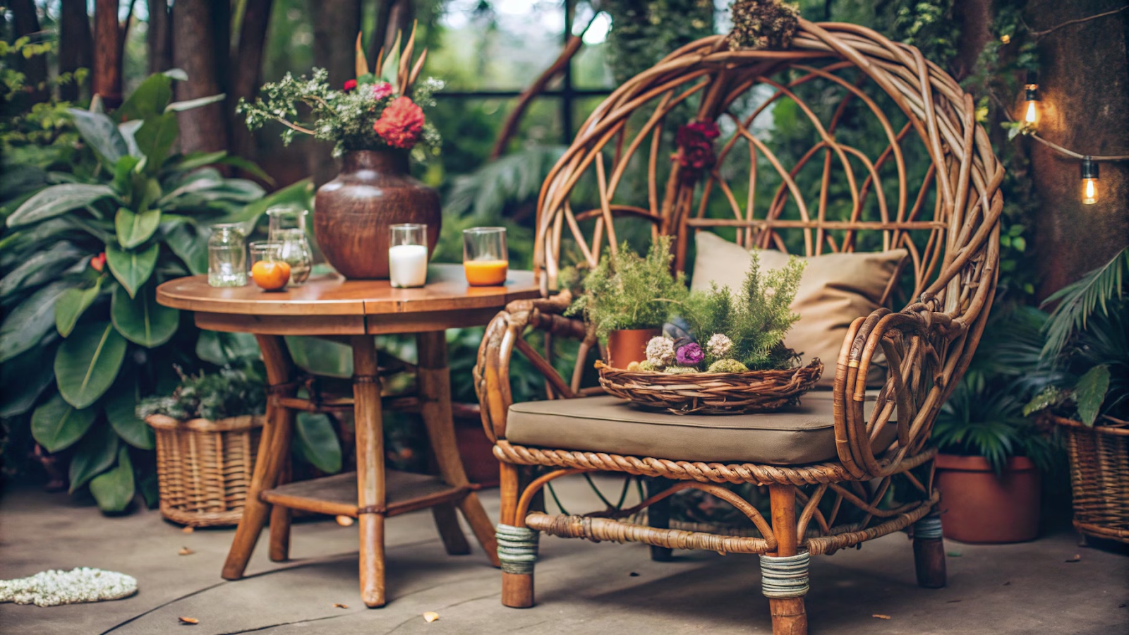 Poltrona de vime e mesa de madeira com plantas e acessórios artesanais em uma sala boho.