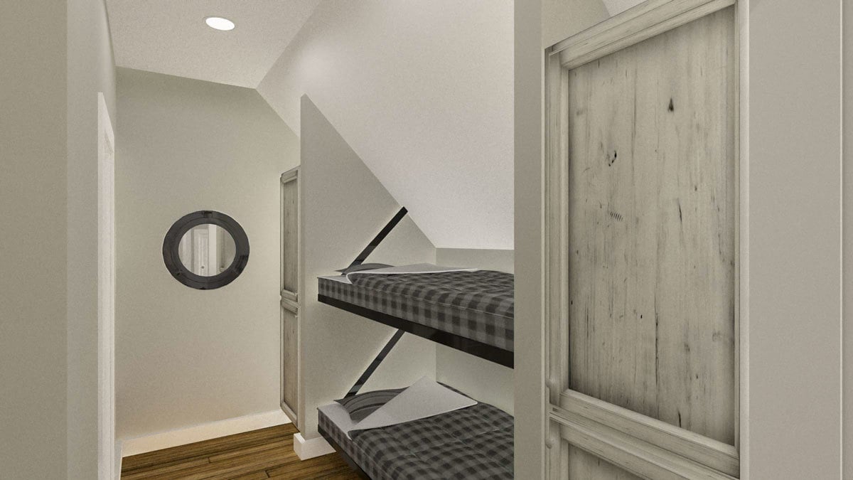 The bunkroom has a vaulted ceiling, a round mirror, and a custom metal bunk bed.