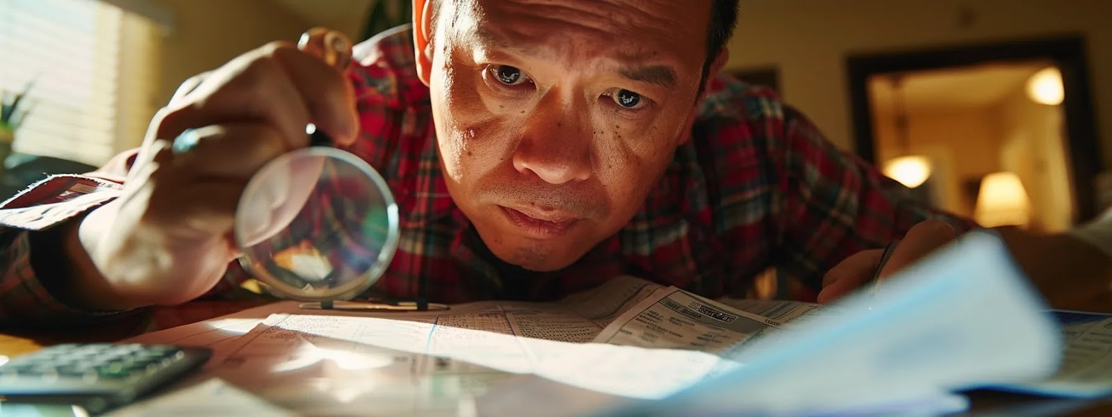 a potential homebuyer carefully scrutinizing a contract with a magnifying glass, surrounded by paperwork, calculators, and a concerned expression on their face.