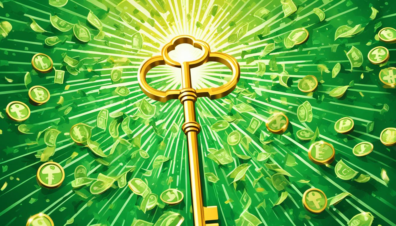 An image of a golden key with money raining down in the background, symbolizing the unlocking of financial abundance through positive affirmations. Have the key shine brightly with a sense of possibility and empowerment. Surround the key with a border of green leaves, representing growth and prosperity.