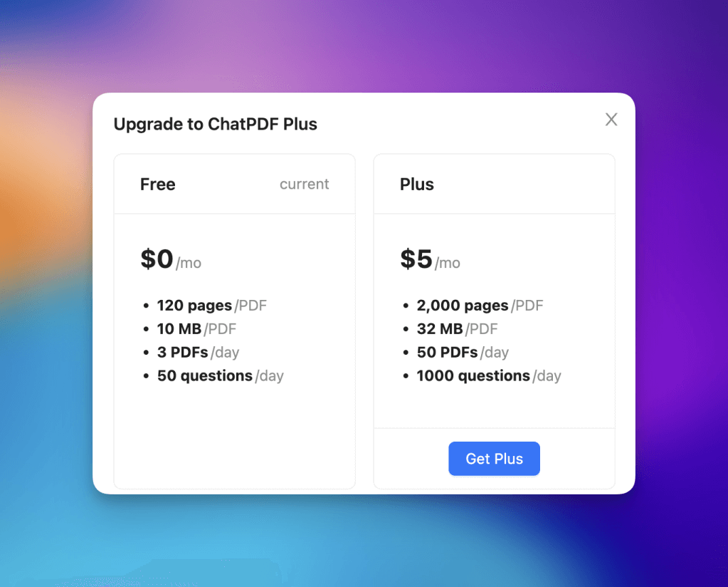 ChatPDF's pricing plans and feature comparison