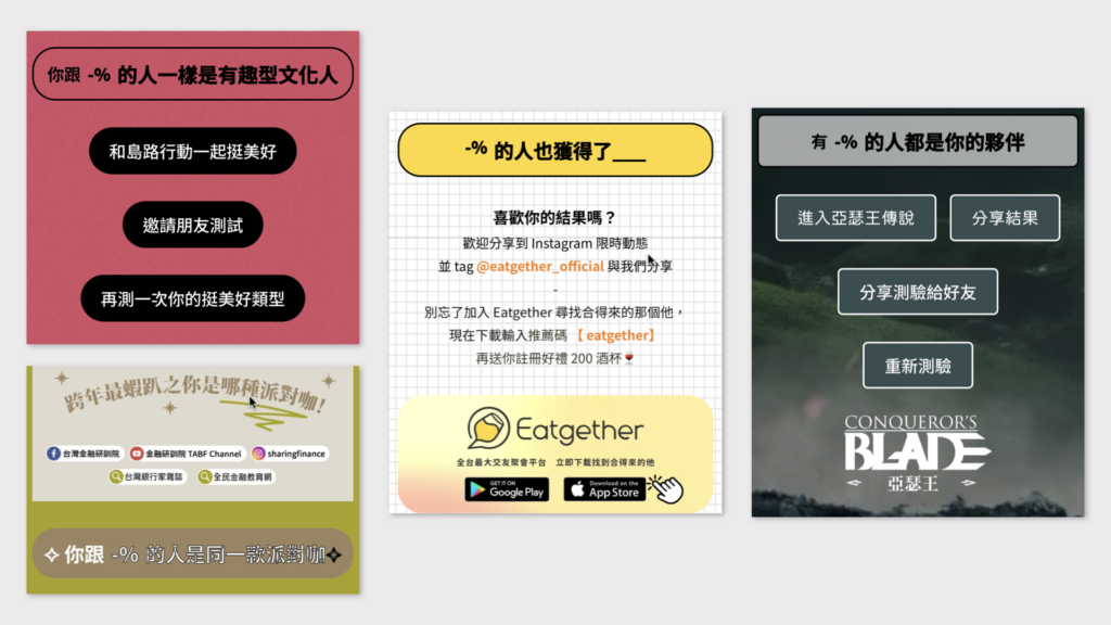 “A collage of three social media style result cards in Chinese. The left card has a red background with text about sharing and retaking a quiz, plus a gold banner with social media icons and a matching type message. The center card promotes the Eatgether app, encouraging users to share results on Instagram and download the app from Google Play or the App Store. The right card features the ‘Conqueror’s Blade’ game logo with buttons for entering the game, sharing results, sharing the quiz with friends, and retaking the quiz.”