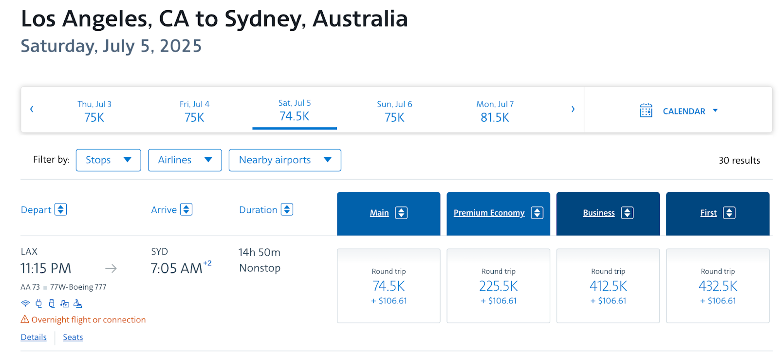 LAX to SYD on AA