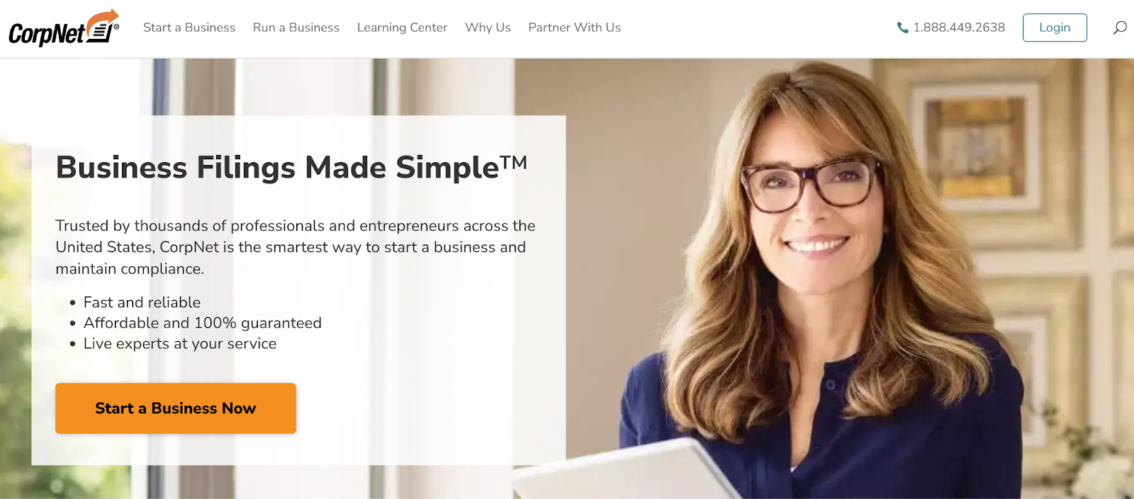 Screenshot of the Corpnet.com home page showing the headline, "Business Filings Made Simple tm"  