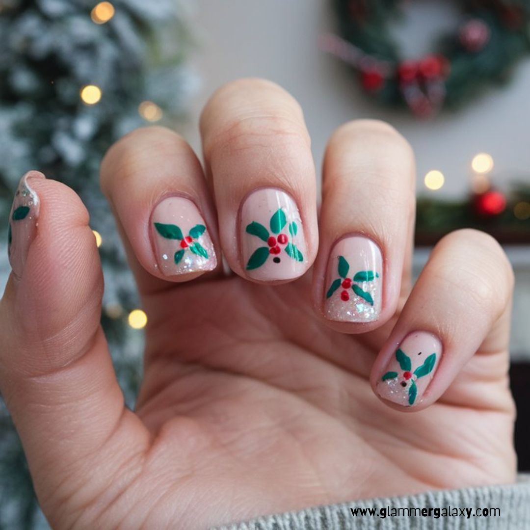 Christmas holiday Nails having Mistletoe Accent
