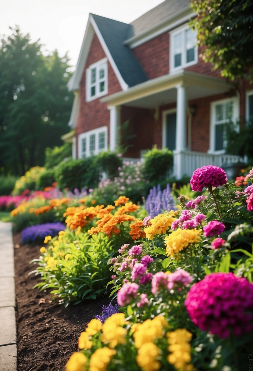 Vibrant flower beds line the front of a house, bursting with colorful blooms and lush greenery