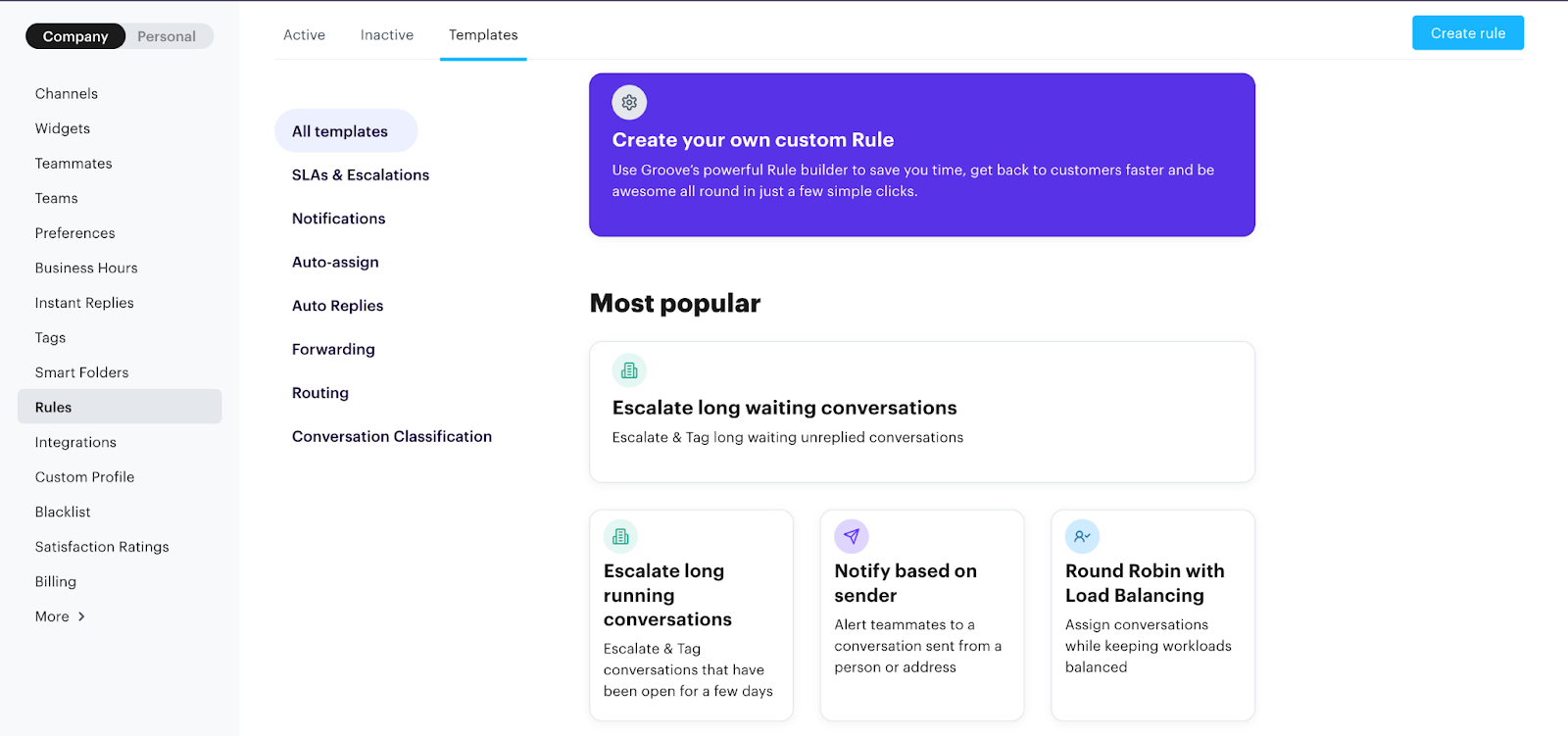 Groove's rule builder allows you to select from pre-formed rules like round robin assignment, or create your own. 