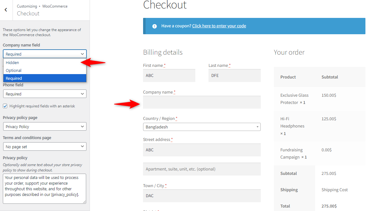 Removing the company name field from the checkout form